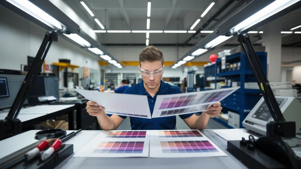  Precise - Color - Inspection - Modern - Print - Shop - Technician - Analyzing - Color - Proofs - Br