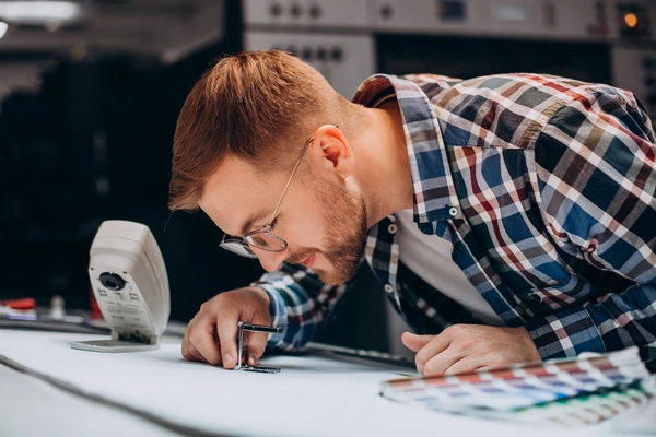  Man - Working - Printing - House - With - Paper - Paints